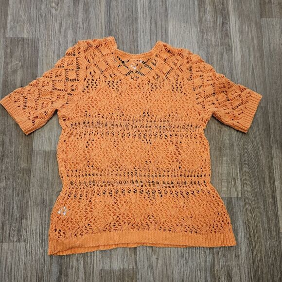 Vtg Christopher & Banks Crochet Sweater Womens M Orange Bohemian Cottage Beach - Picture 5 of 9